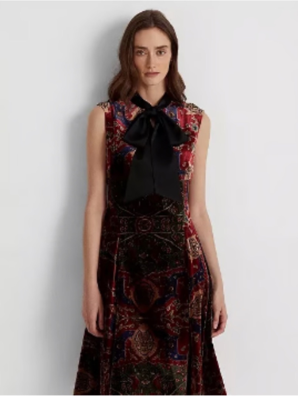 Lauren Ralph Lauren Velvet Paisley A-Line Dress with Black Silk Bow